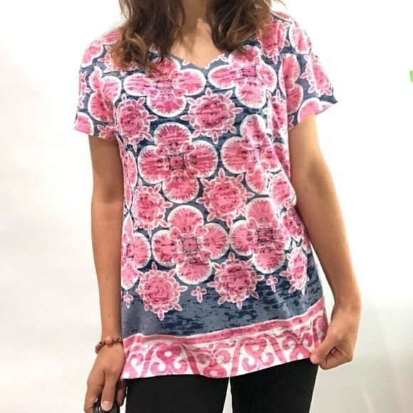 Before and Again Tops - Before & Again Floral Print Short Sleeve Graphic Shirt Pink Large